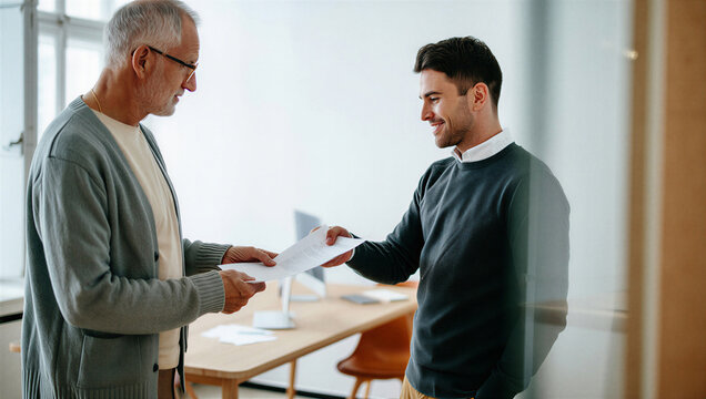 Retiring father and his smiling adult son jointly holding the finalized ownership transfer document for their family business.