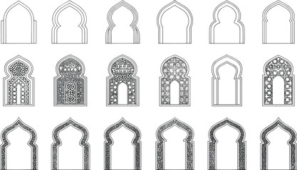 Collection of diverse Islamic arch designs and oriental window silhouettes featuring intricate geometric patterns arabesque ornaments and traditional Moroccan architectural frames for Ramadan and Eid