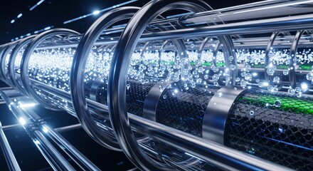 Futuristic laboratory equipment with metallic tubes and advanced technology in a high-tech facility viewed from a low angle.