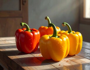 Colorful bell peppers on wooden cutting board in kitchen
