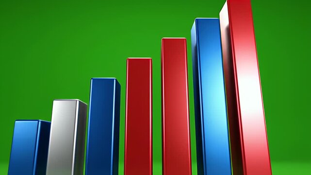 Shiny, colored bar graph elements on a green backdrop, rising in steps