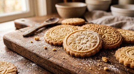 Fototapeta premium Deliciously Baked Round Cookies with Intricate Patterns on a Rustic Wooden Board.
