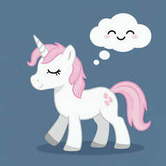 Fototapeta premium Cute Cartoon Unicorn with Pink Mane and Tail Standing Peacefully Smiling with a Happy Thought Bubble Above Its Head on Blue Background