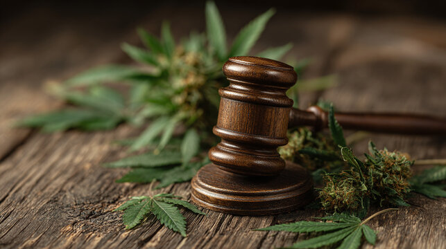 marijuana legalization concept with judge gavel on wooden surface with cannabis leaves symbolizing legal debate and drug policy reform