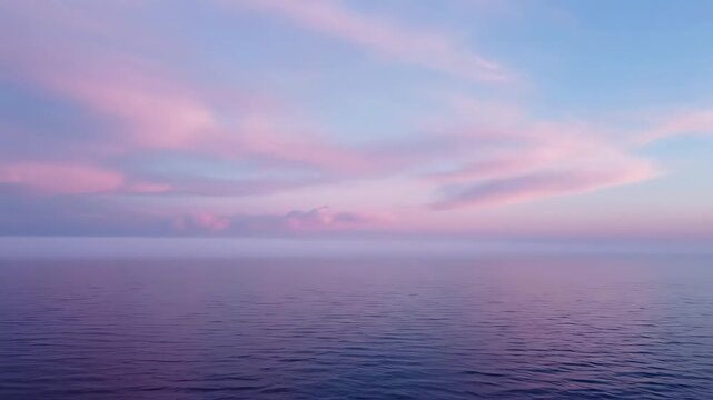 Calm ocean meets a pastel sky at sunset or sunrise with soft pink and purple clouds
