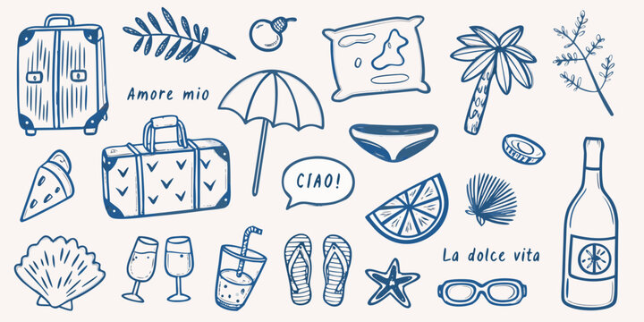 A collection of hand drawn summer vacation and travel themed illustrations