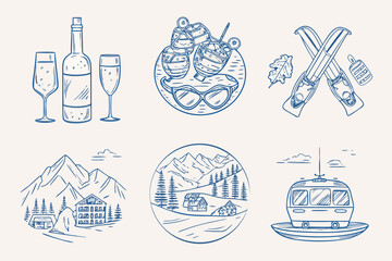 Winter vacation themed sketch featuring food mountains and travel items © Amrito