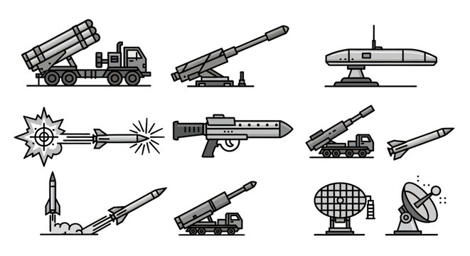 Collection of Military Weapon and Missile Defense System Line Icons on Isolated White Background