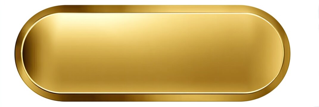 A glossy, rounded rectangular gold button with a bright, polished surface