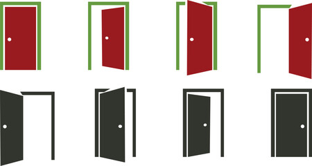 Open and Closed Door Icons Set in Red and Dark Color Vector