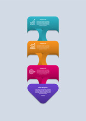 Arrow base infographic with glossy gradient style with creative box shape with sharp edge on stacked vertical list with 3 segment point information