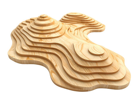 Stacked wooden contour model of a raised landform
