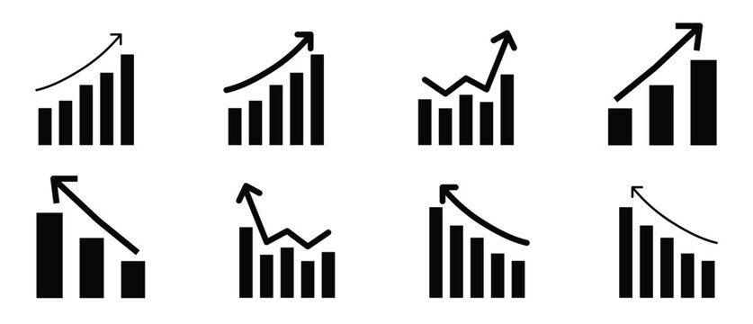 Growing and Declining Bar Graph Icons Set with Arrows Vector