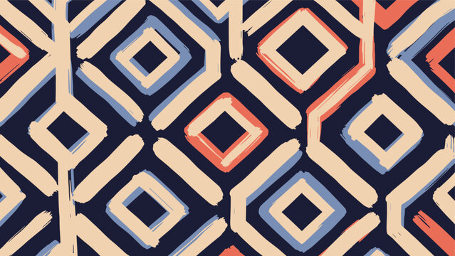 Bold and vibrant seamless abstract pattern featuring interlocking geometric diamond shapes with a brush stroke texture in a palette of dark blue, orange, light blue, and beige.