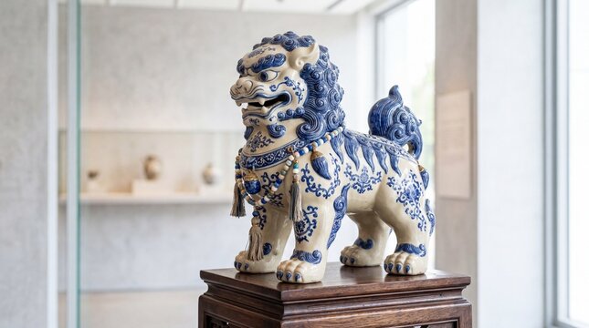 Antique Blue and White Porcelain Foo Dog Statue on Pedestal.