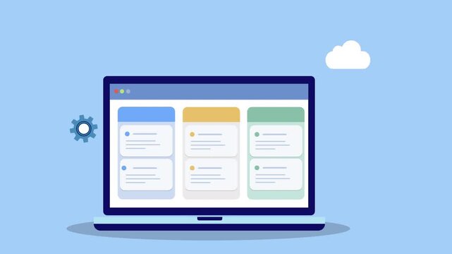 Flat vector animation of laptop workflow dashboard with gear settings icon and cloud symbol representing system configuration, digital workspace management, and business productivity tools.