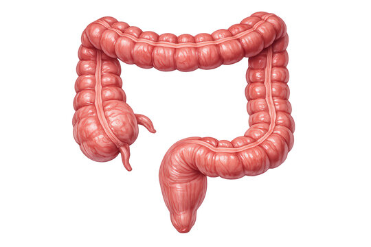 Human large intestine showing anatomy of the colon and appendix, digestive system organ with transparent background