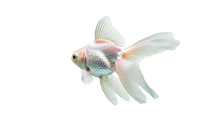 Fototapeta premium Isolated iridescent fantail goldfish with flowing fins and scales, close up view, in studio