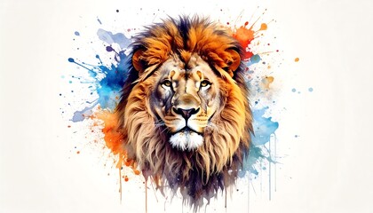 Fototapeta na wymiar Vibrant watercolor lion portrait with splashes of blues, oranges, and yellows against a white background