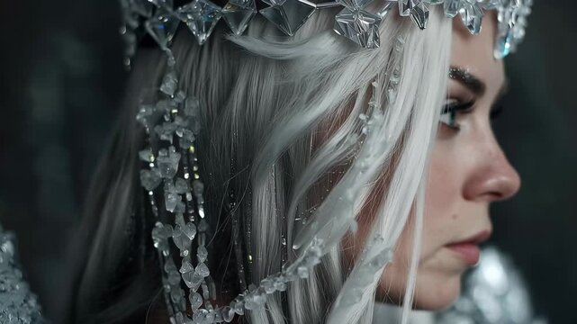 Model wears an elaborate crown made of ice crystals while posing in a studio, capturing the essence of winter fantasy in a creative concept shoot