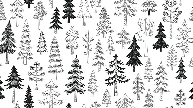 Intricate seamless pattern showcasing a diverse forest of hand-drawn pine trees in black and white, capturing a detailed woodland landscape with a rustic charm.