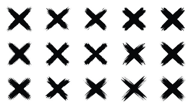 Extensive collection of bold black grunge "X" marks with a distressed brush stroke texture, offering versatile edgy elements for artistic and graphic designs.
