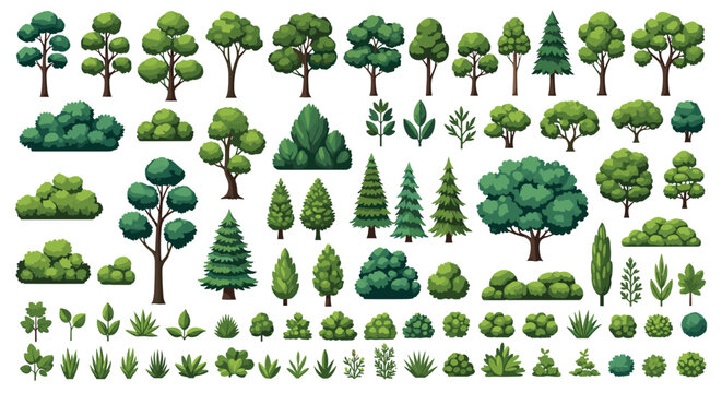 Comprehensive set of pixel art trees and plants in different shades of green offers a variety of nature elements for gaming.