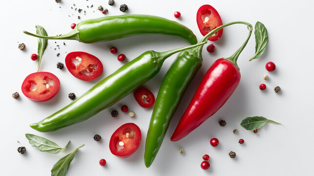 Fresh Green and Red Chili Peppers Floating Mid-Air with Seeds

