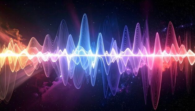 Vibrant wave pattern glows against a cosmic backdrop, with hues of orange, blue, and purple blending smoothly