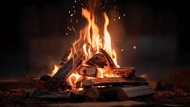 Bright Bonfire with Burning Wooden Logs Close Up
