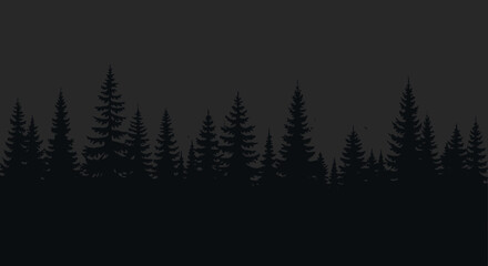 Obraz premium Dark silhouette of a dense coniferous forest line, featuring tall pine trees against a shadowy, minimalist sky, creating a serene nocturnal wilderness backdrop illustration