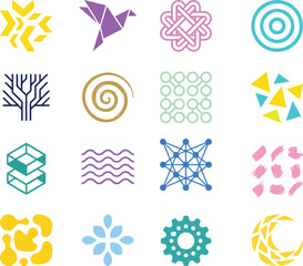 A colorful collection of twelve abstract geometric vector icons ideal for design projects on transparent background