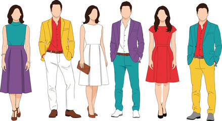 Obraz premium Fashion vector illustration diverse men women colorful coordinated outfits teal purple red yellow white dresses blazers pants modern flat design style