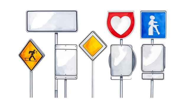 Watercolor illustration depicting various blank road signs on poles. Isolated on a white background