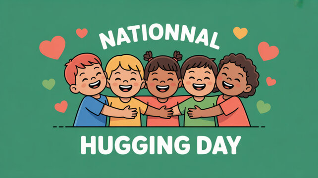 Diverse children hugging on national hugging day with colorful hearts on green background
