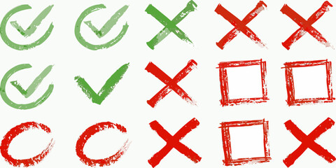 Fototapeta premium Collection of hand drawn checkmarks crosses and squares in vibrant colors