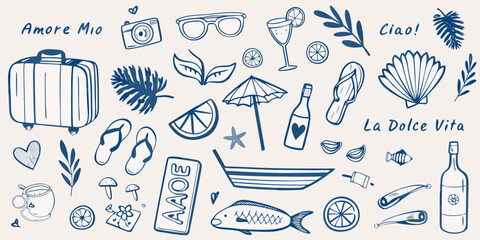 Italian summer vacation doodles with travel essentials and citrus motifs © MSTShikha