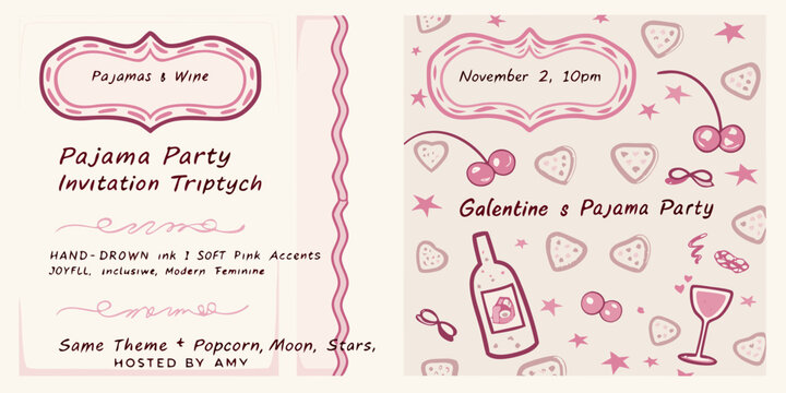 A triptych invitation for a pajama party and galentine s event