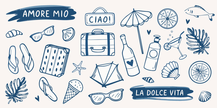 Italian summer travel themed doodles with phrases and various objects