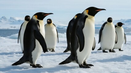 Obraz premium Group of emperor penguins standing on snowy ice in a polar environment