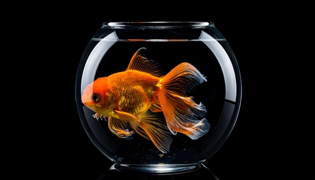 Vivid orange goldfish swims in a round, clear glass bowl set against a solid black backdrop