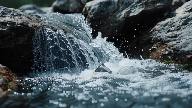 Fresh Mountain Waterfall Splashing Over Stones