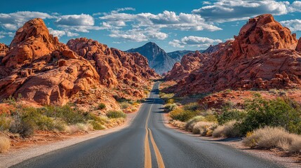 Desert Highway Leading Through Red Rock Formations Under Bright Sky.