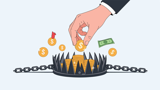 Human hand reaching for gold coins placed on a dangerous metal bear trap representing financial risk, greed, and investment traps in business world.