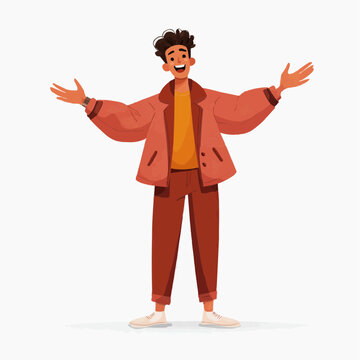 cheerful sanguine man laughing with open arms gesture in flat vector style