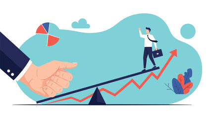 Obraz premium Businessman walking up a seesaw toward a rising red arrow while a giant hand tries to push down the other side.