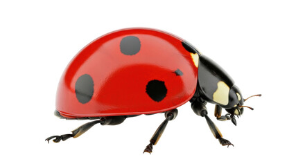 Isolated ladybug with bright red wings and black spots resting and posing on a surface © Rowan