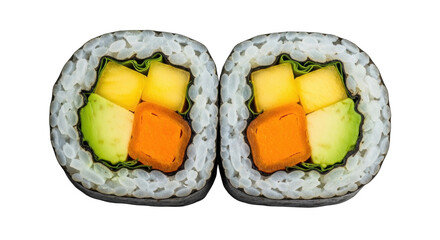 Isolated close-up of sushi rolls with rice, avocado, mango, carrots, and seaweed for culinary art © Rowan