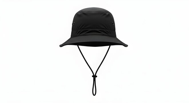 Black waterproof bucket hat with drawstring chin strap and adjustable cord