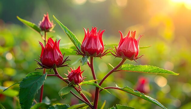 Vibrant crimson roselle flowers glow in warm sunlight against blurred green foliage